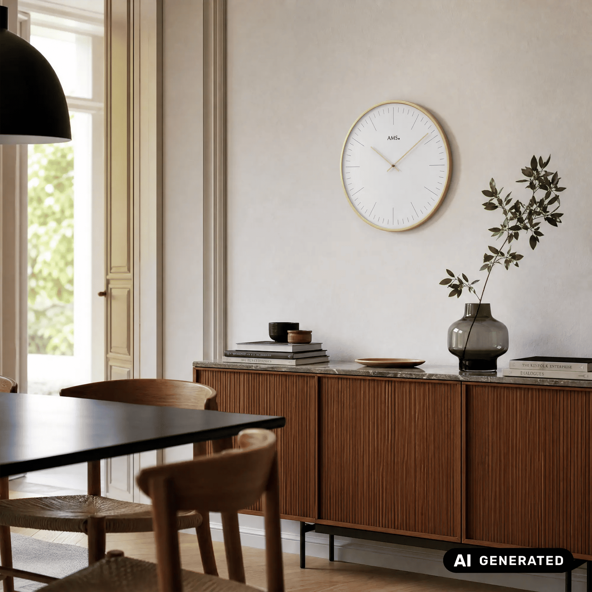 Wanduhr an der Wand: weißes Zifferblatt, goldfarbene Einfassung, feine Indexstriche