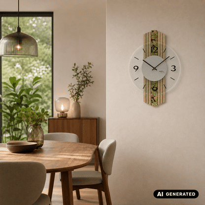Wanduhr am Wohnwand: rundes Ziffernblatt, grauer Mittelring, Holzgehäuse in Sonoma-Optik