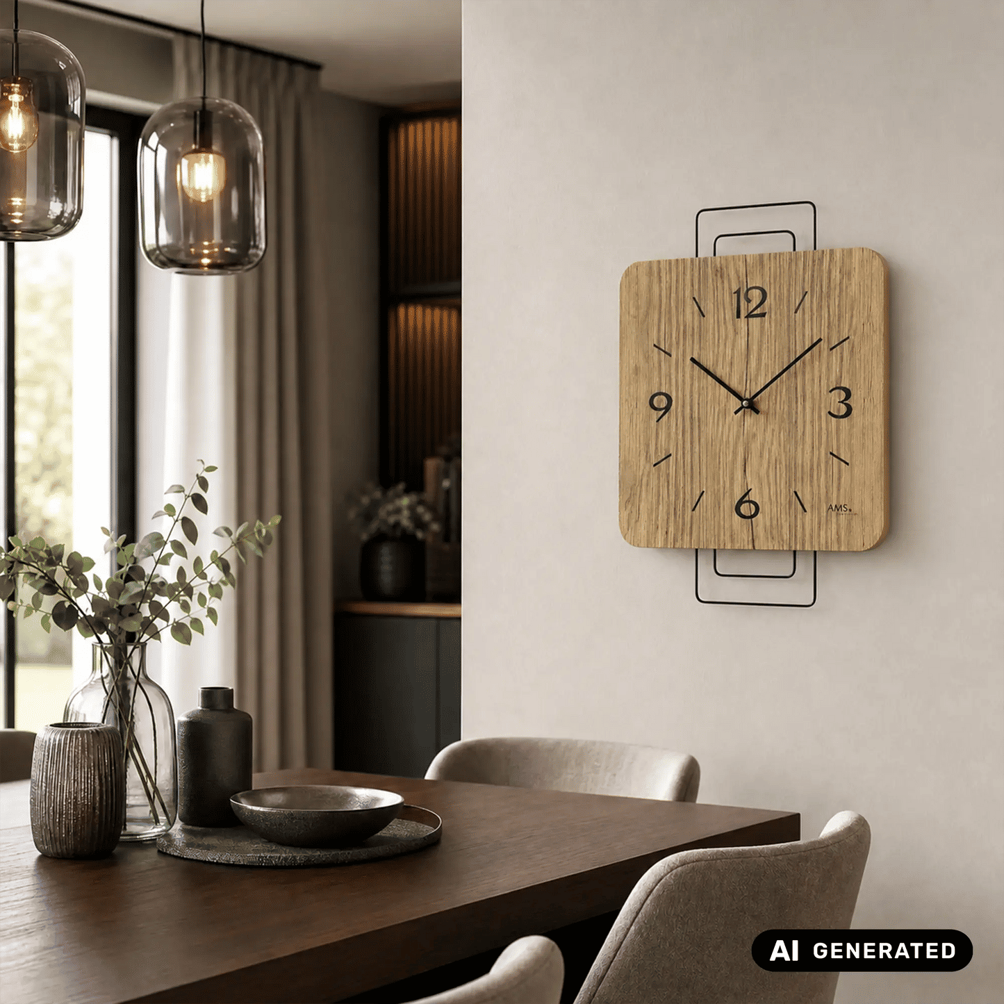AMS Wanduhr aus Wildeiche mit Metallrahmen, quadratisches Holzgehäuse und Ziffern 3/6/9/12