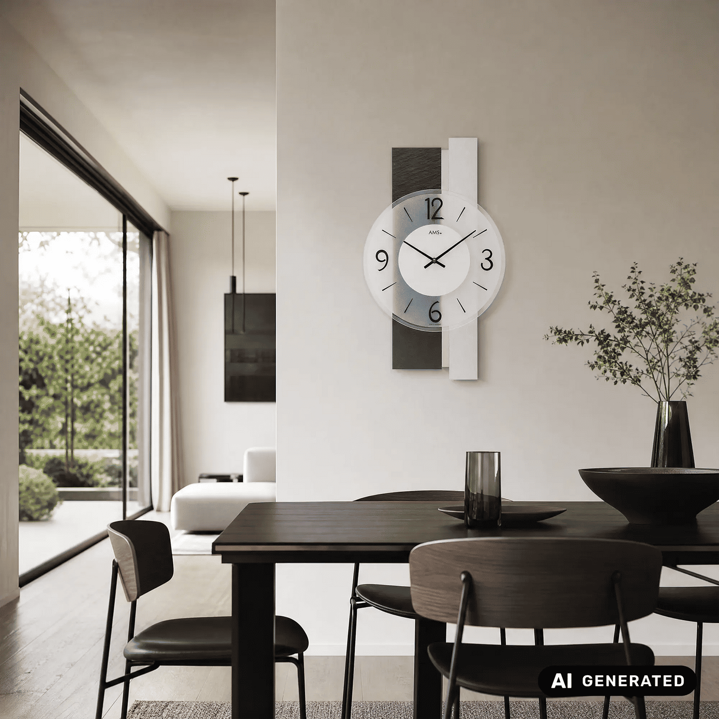 AMS W9555 Zegar ścienny łupek/aluminium • Fasetowane szkło mineralne • Drewniana obudowa