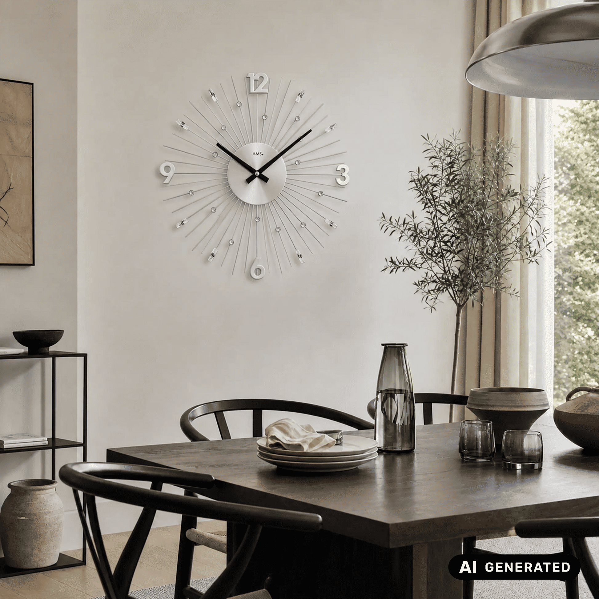Wanduhr mit Sternform aus Metallstäben, silbernem Zifferblatt und schwarzen Zeigern