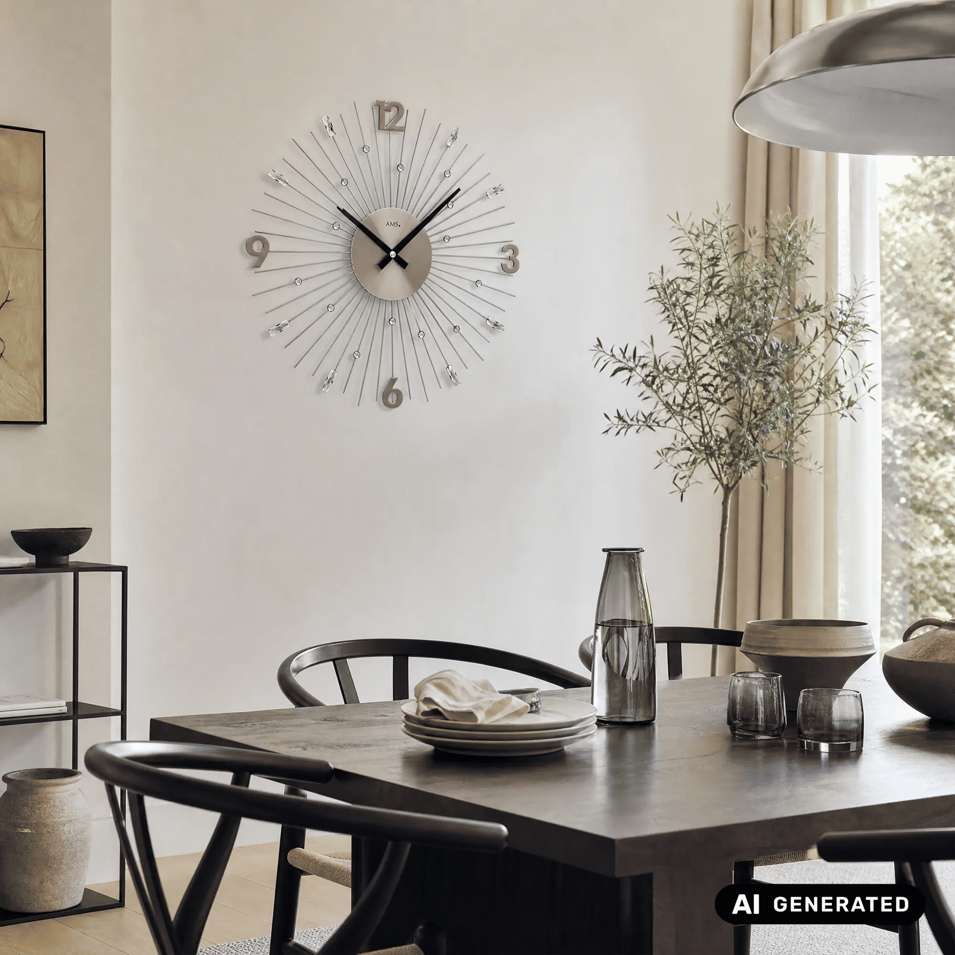 Wanduhr mit rundem anthrazitfarbenem Zifferblatt und Metallstäben, klar lesbare Zahlen