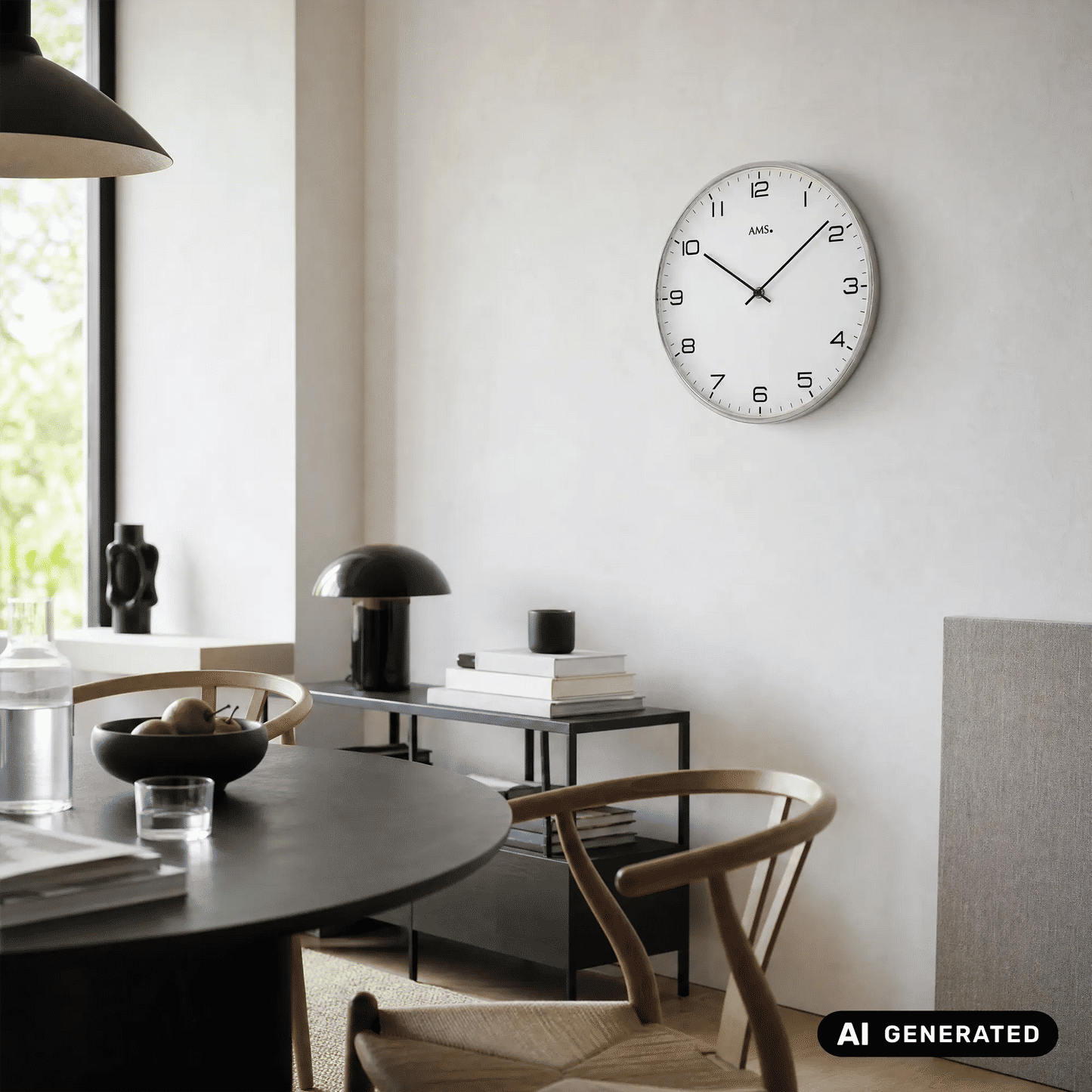 Wanduhr an der Wand: vernickelter Rand, weißes Zifferblatt mit schwarzen Zeigern