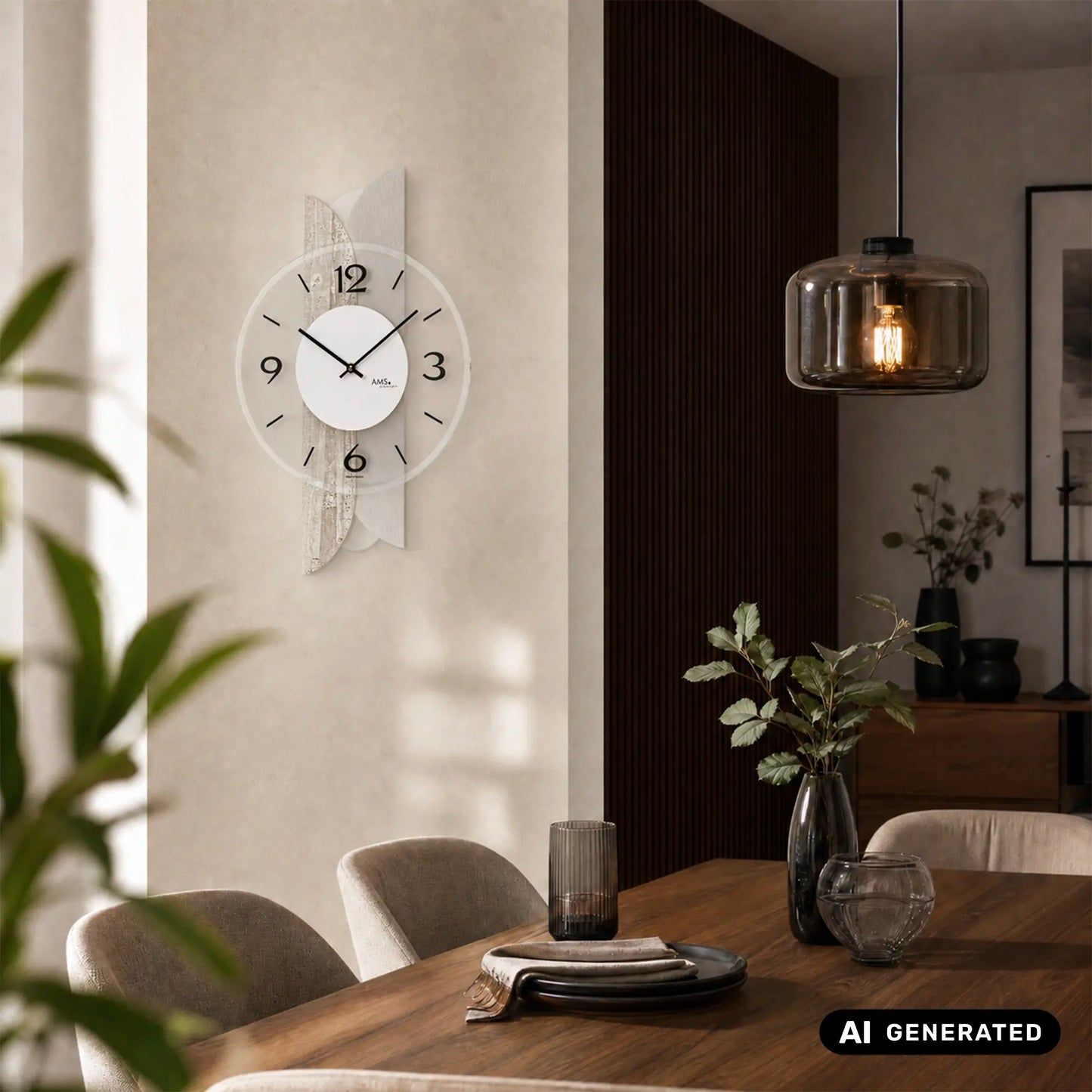 Wanduhr mit Betonstruktur und weißem Ziffernblatt, schwarze Zeiger, klare Stundenmarken