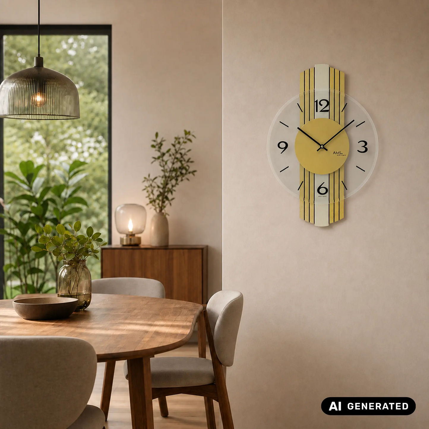 Wanduhr an der Wand mit gelbem Ziffernblatt und goldfarbenem Holzgehäuse, schwarze Stundenmarkierungen