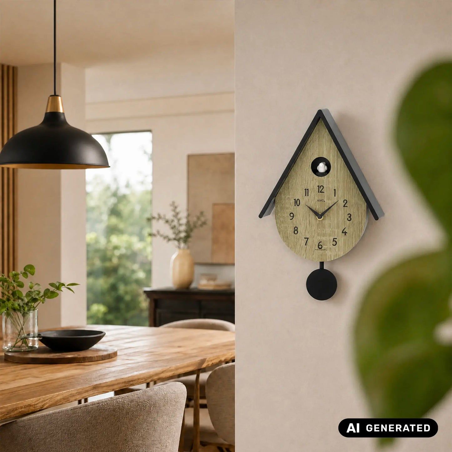 Wanduhr im Vogelhausstil an der Wand mit Holzoptik-Zifferblatt und anthrazitfarbenem Gehäuse