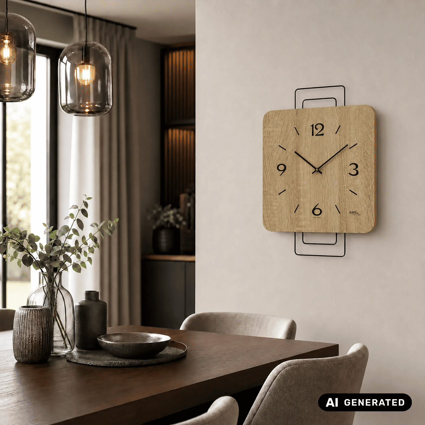 Orologio da parete AMS W9692 in rovere Sonoma • Movimento al quarzo • Design in metallo