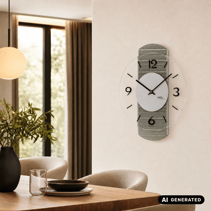 Wanduhr mit grauem Gehäuse und Facettenglas-Abdeckung, schwarze Zeiger und Ziffern