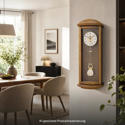 Eichelackierte Wanduhr mit Pendel und Westminster-Schlagwerk, Zifferblatt im Holzgehäuse