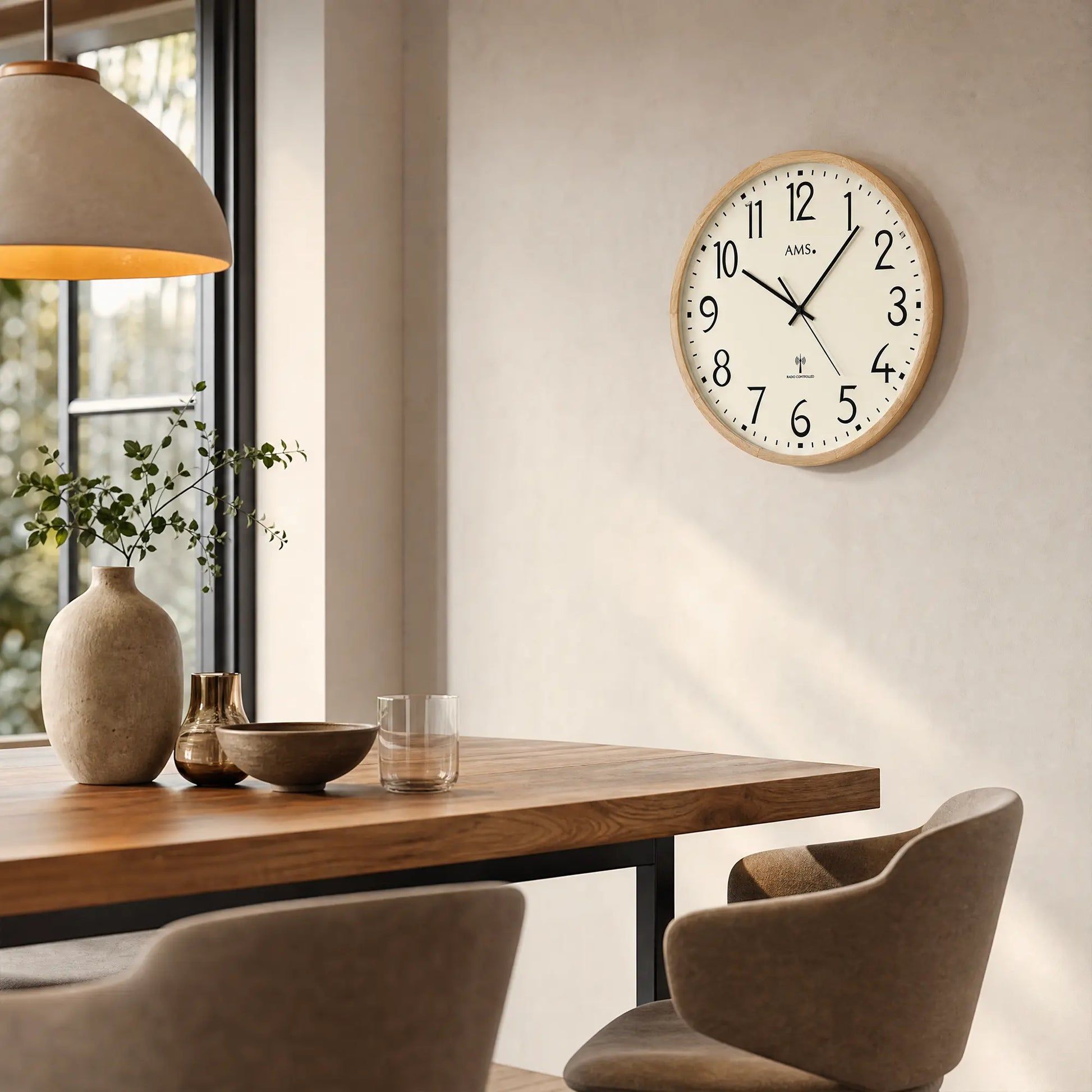 Orologio da parete in soggiorno: quadrante beige con lancette nere in cornice di legno.