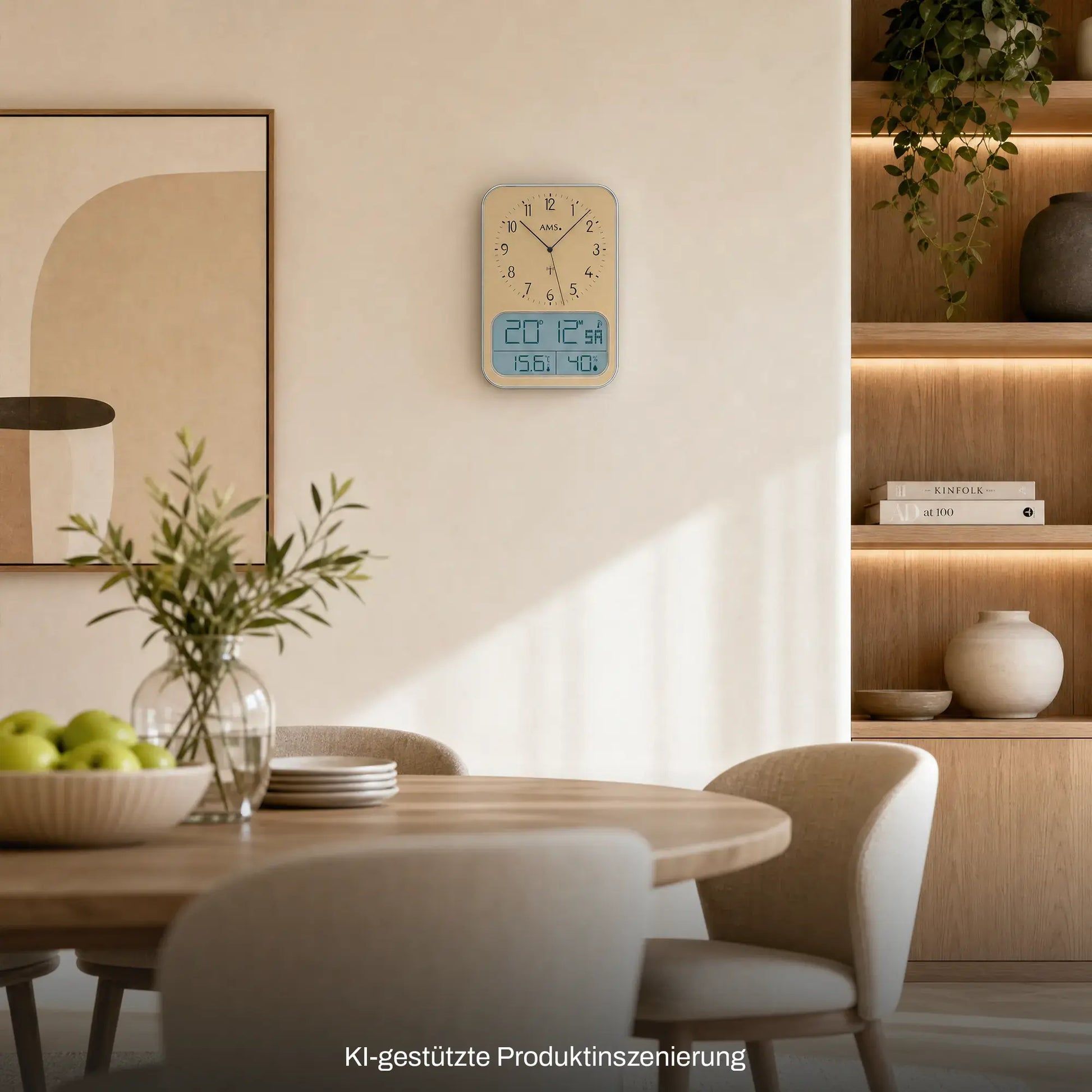 Wanduhr mit LCD-Display und goldfarbener Holzoptik, an der Wand montiert
