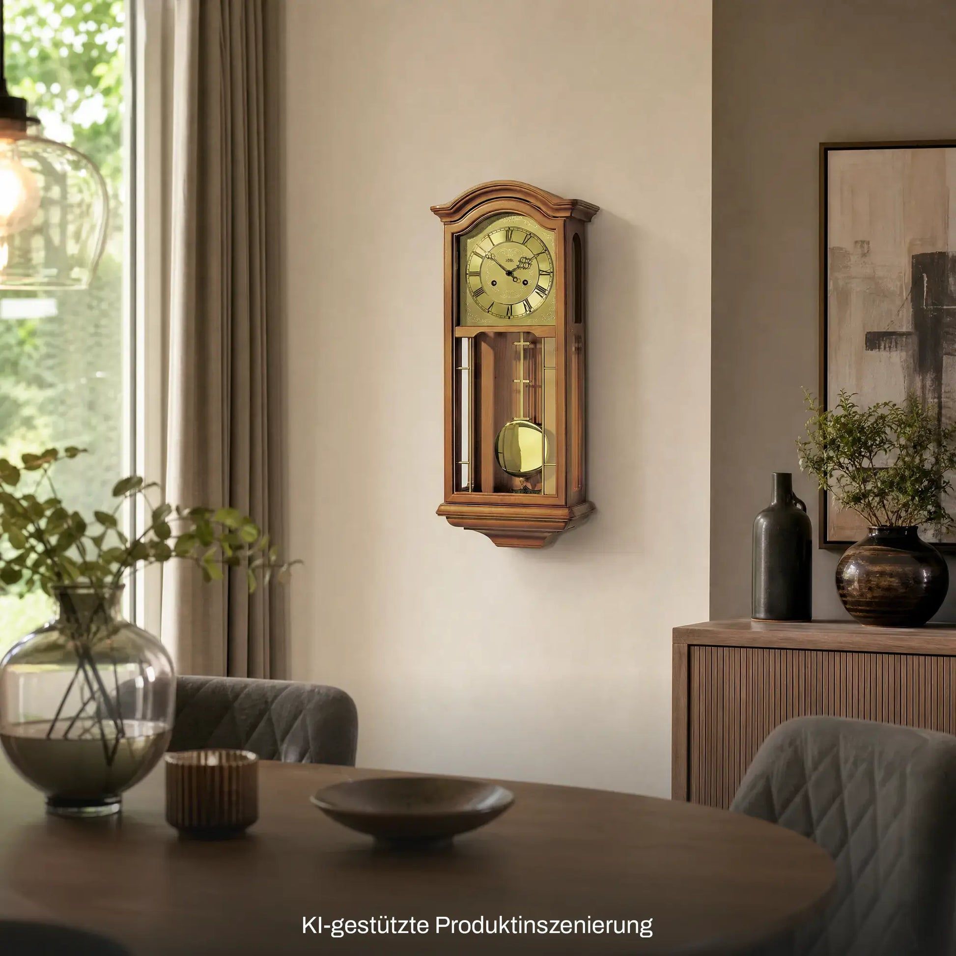 Pendelwanduhr mit Kirschbaumgehäuse, rundem Messingziffernblatt und Glasfront