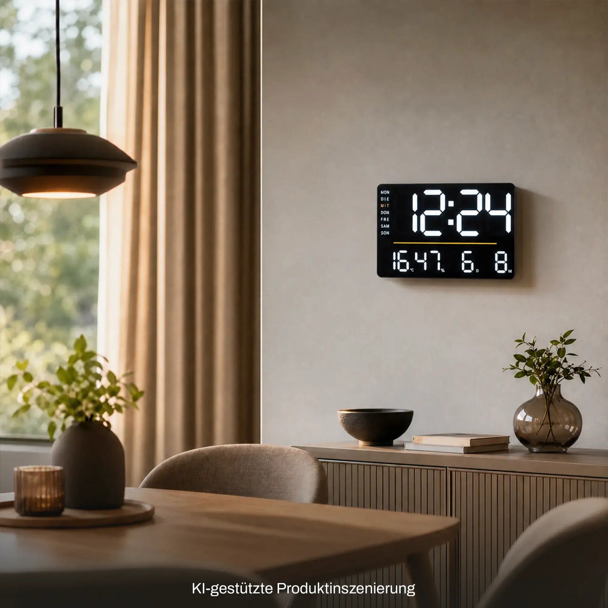 Digitale Wanduhr mit LED-Display und Thermometer, rechteckiges schwarzes Gehäuse