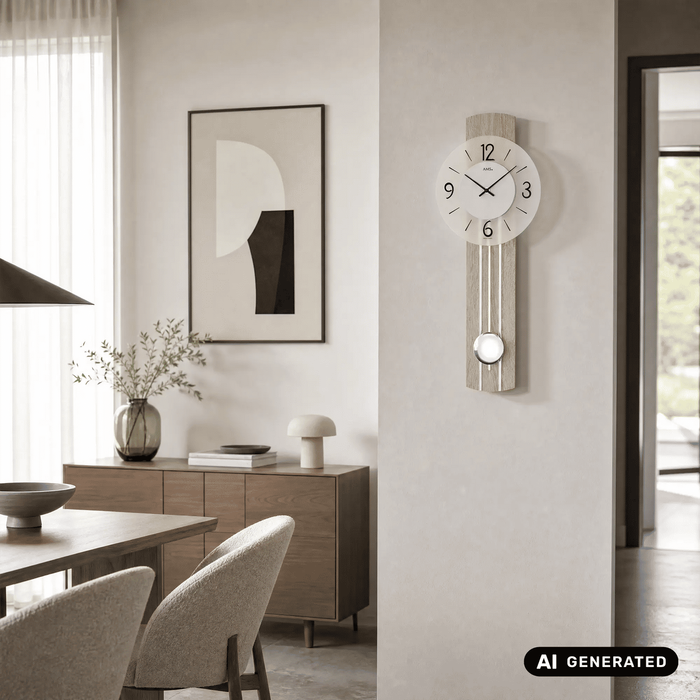 Zegar ścienny AMS W7274 dąb Sonoma • mechanizm kwarcowy z wahadłem • szkło mineralne