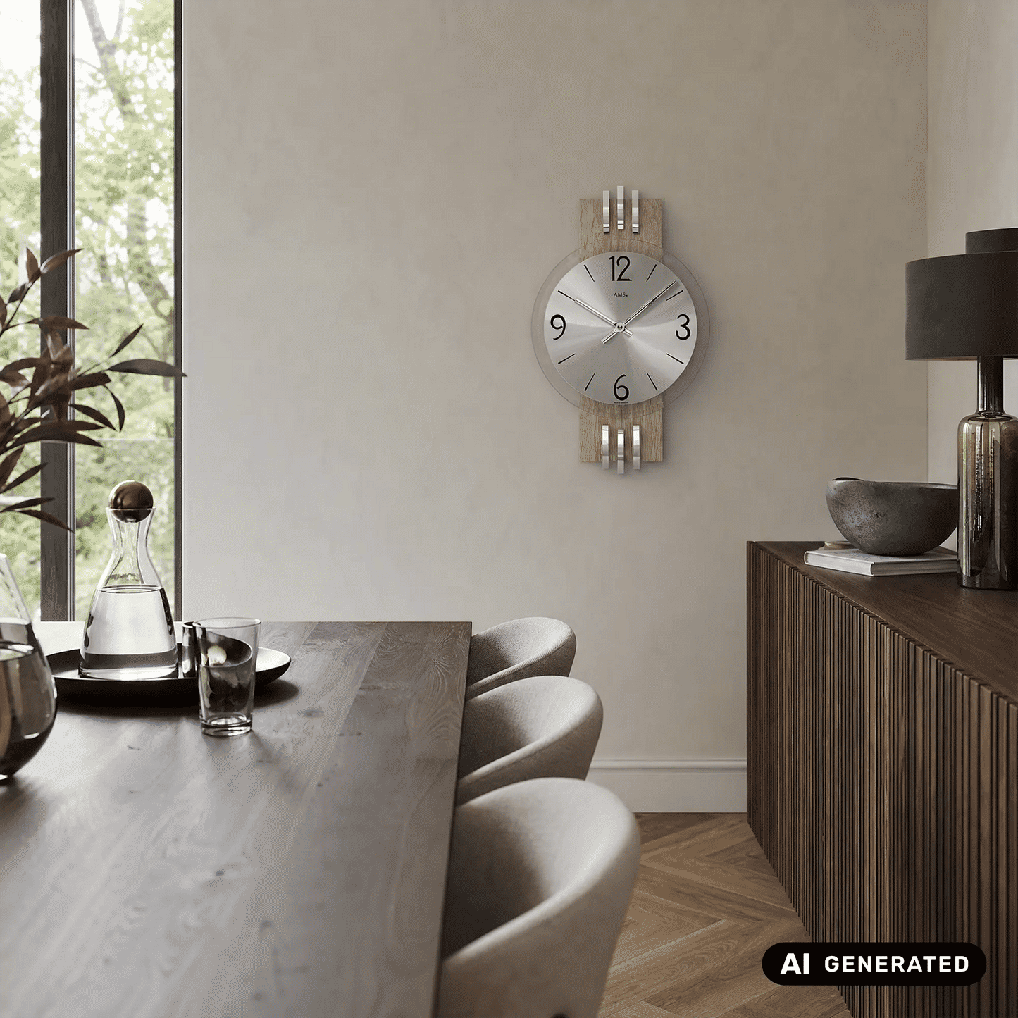 Zegar ścienny AMS W9228 srebrny • Fasetowane szkło mineralne • Aluminiowa tarcza