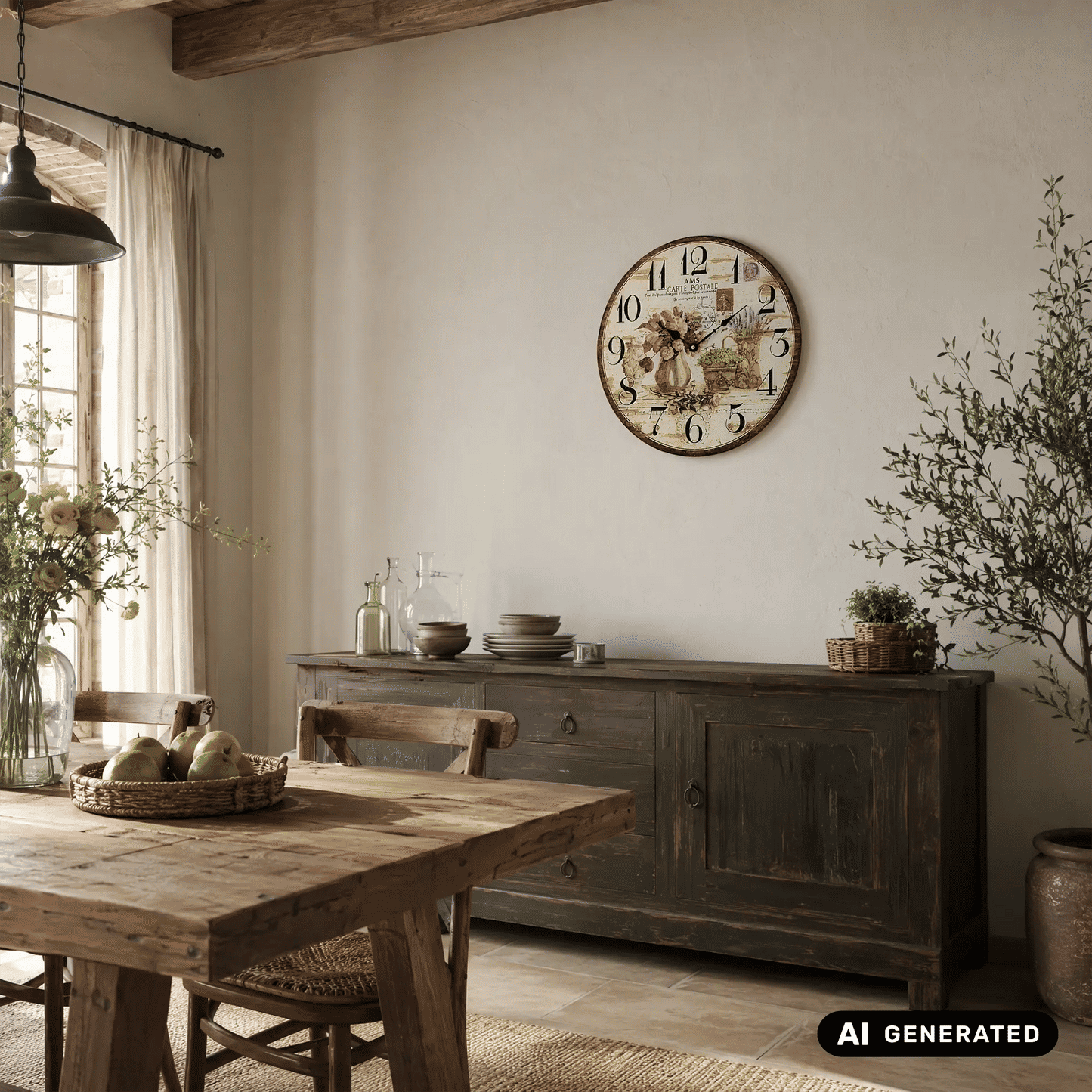 AMS Flowers W9466 Zegar ścienny kolorowy • Nadrukowane szkło mineralne • Styl vintage
