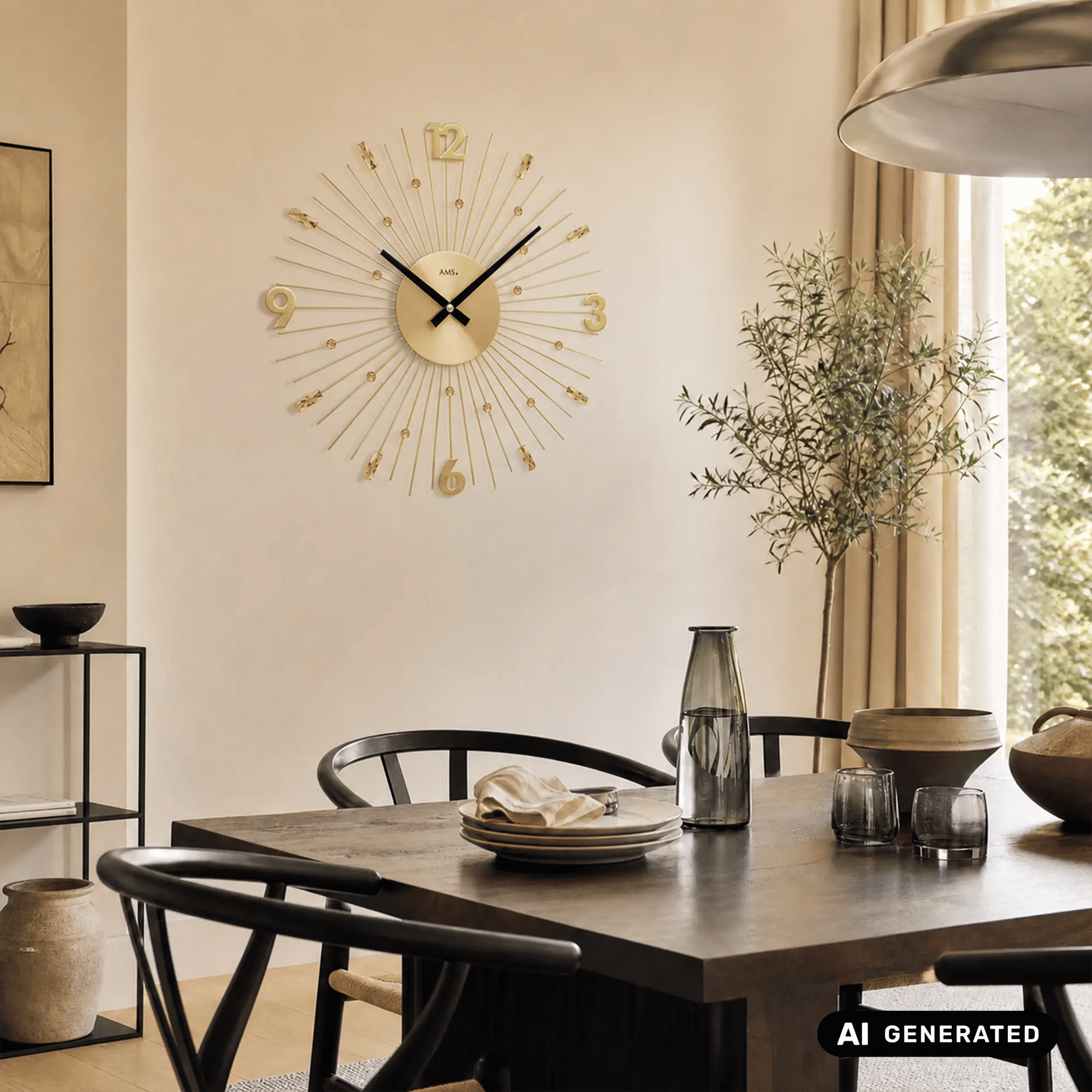 Wanduhr an der Wand mit rundem goldfarbenem Ziffernblatt, schwarzen Zeigern und Stäben