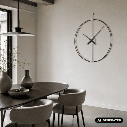 Runde Wanduhr an der Wand, silberner Metallrahmen, schwarze Zeiger am Mittelstück