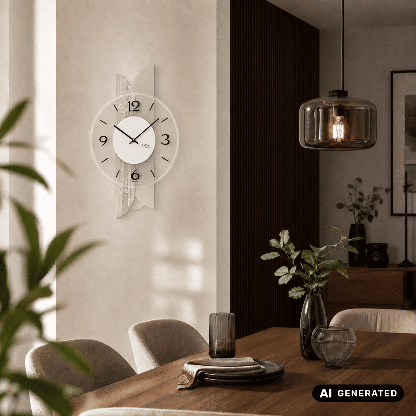 Wanduhr an der Wand, weißes Zifferblatt, schwarze Zeiger, AMS-Logo