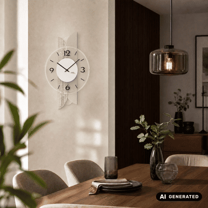Wanduhr an der Wand, weißes Zifferblatt, schwarze Zeiger, AMS-Logo