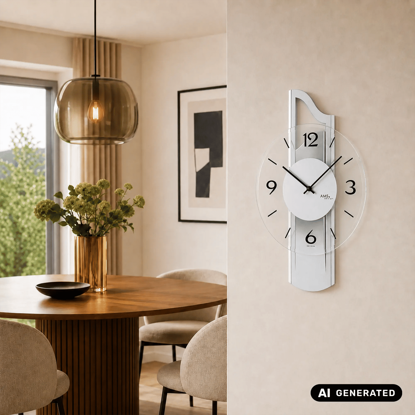 Wanduhr in Silber mit facettiertem Mineralglas, rundem Ziffernblatt und schwarzen Zeigern