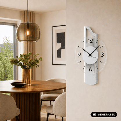 Wanduhr in Silber mit facettiertem Mineralglas, rundem Ziffernblatt und schwarzen Zeigern