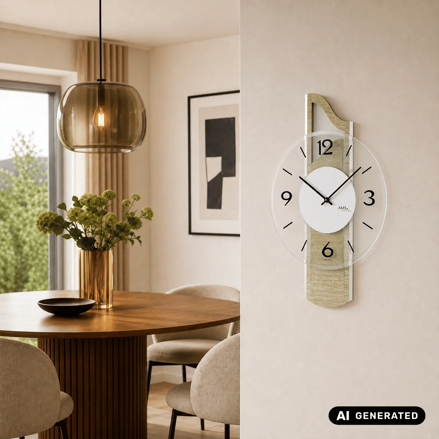 Wanduhr an der Wand mit rundem Zifferblatt, schwarzen Zeigern und Sonoma-Holzgehäuse