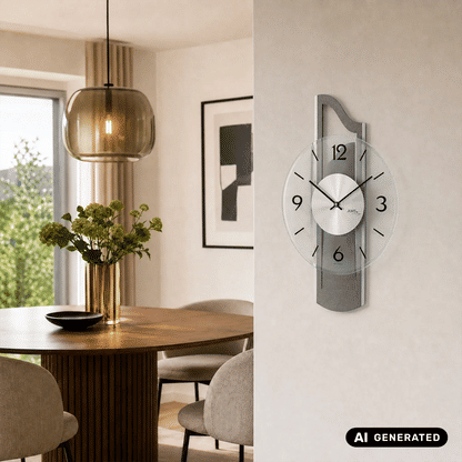 Wanduhr an der Wand: anthrazitfarbener Holz-Alu-Rahmen, Facetten-Mineralglas, AMS.