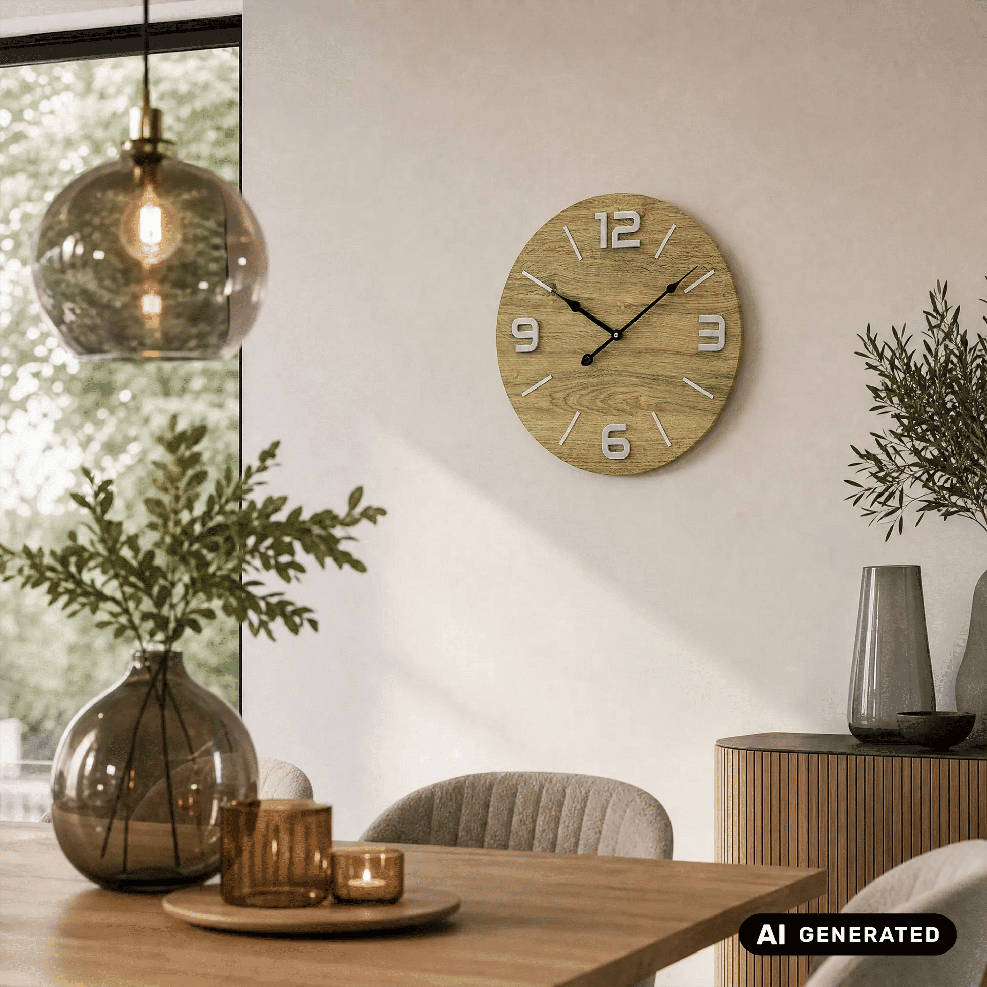 Wanduhr mit runder Holz-Optik, Metallziffern und schwarzen Zeigern
