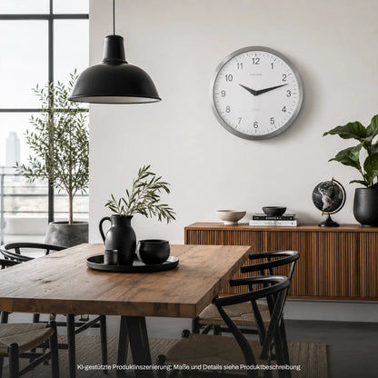 Runde Wanduhr an der Wand mit silbernem Edelstahlrand, weißen Ziffern und schwarzen Zeigern