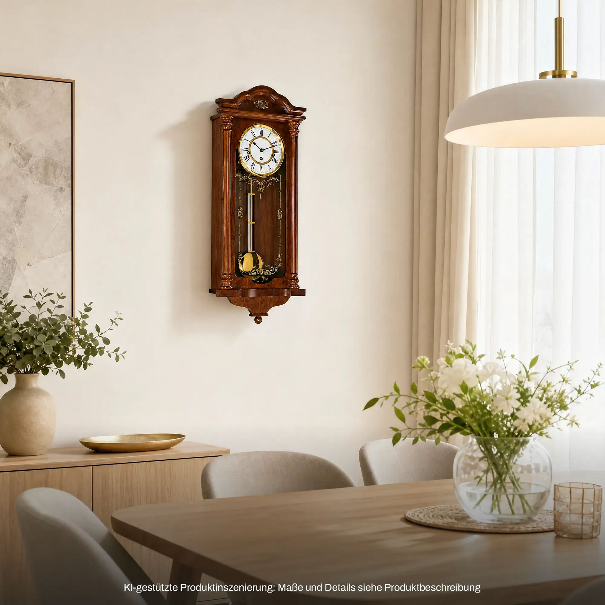 Wanduhr aus Holz, dunkelbraunes Gehäuse mit Ziffernblatt und Pendelgewicht.