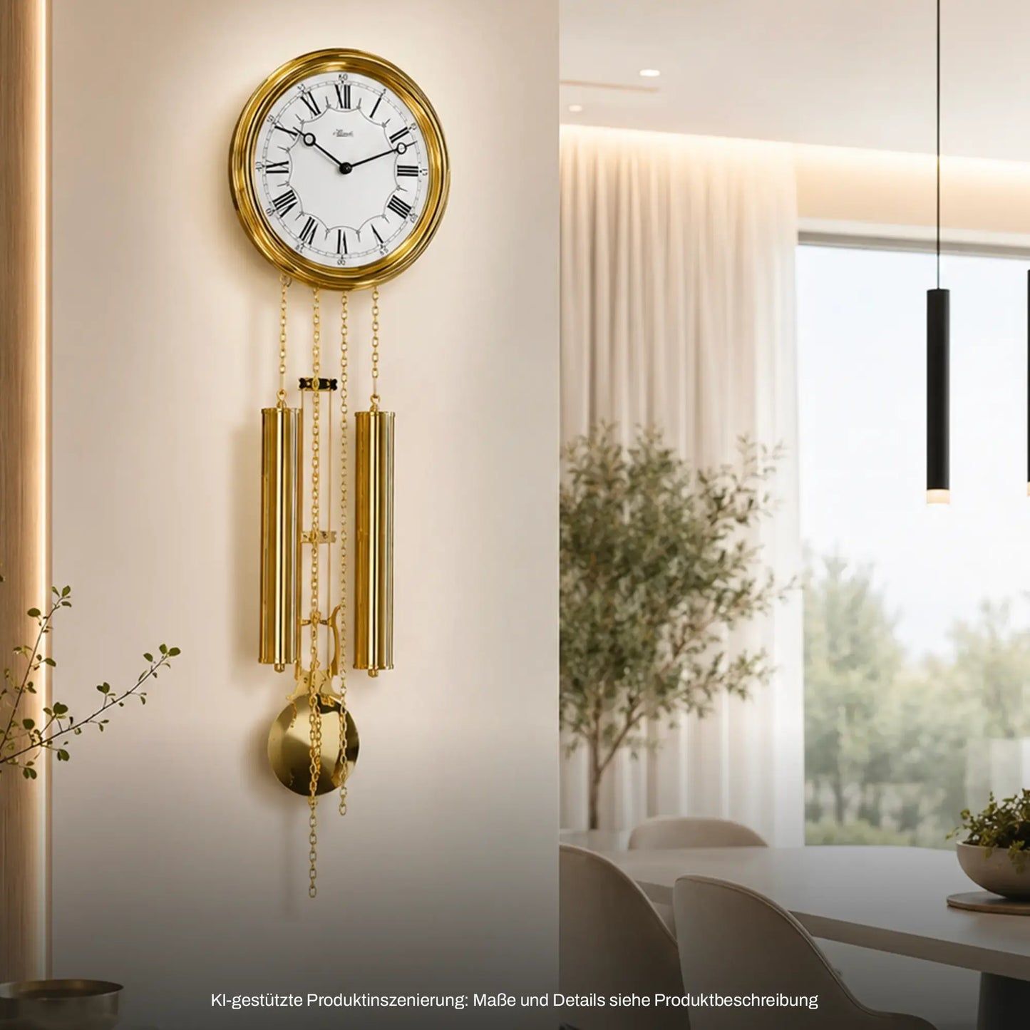 Messingfarbene Wanduhr mit rundem Ziffernblatt und goldenen Klangpendeln
