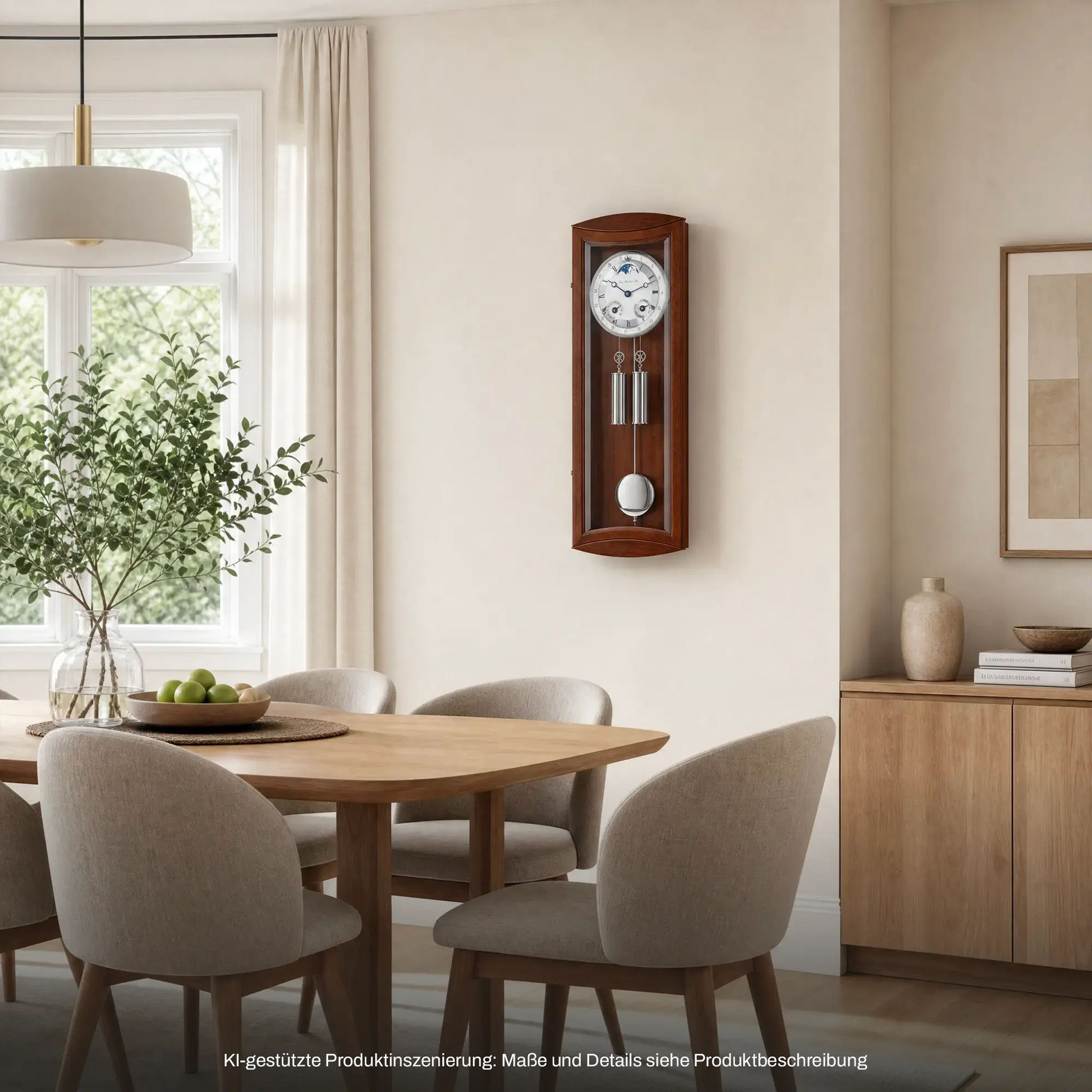 Holz-Wanduhr mit Glasfront, rundem Zifferblatt und hängendem Pendel im unteren Fach