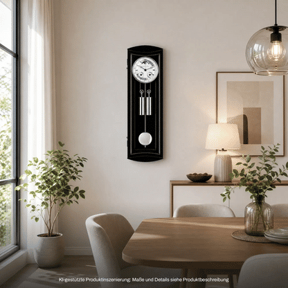Wanduhr, schwarzes Holzgehäuse, weißes Zifferblatt, mit Pendelanzeigen