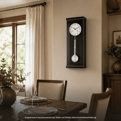 Wanduhr aus dunklem Holz mit Pendel und großem Zifferblatt, schmaler rechteckiger Rahmen