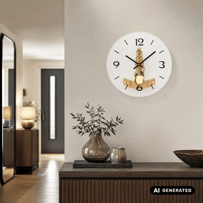 Runde Wanduhr an der Wand mit weißem Zifferblatt, römischen Zahlen und goldfarbenen Zeigern