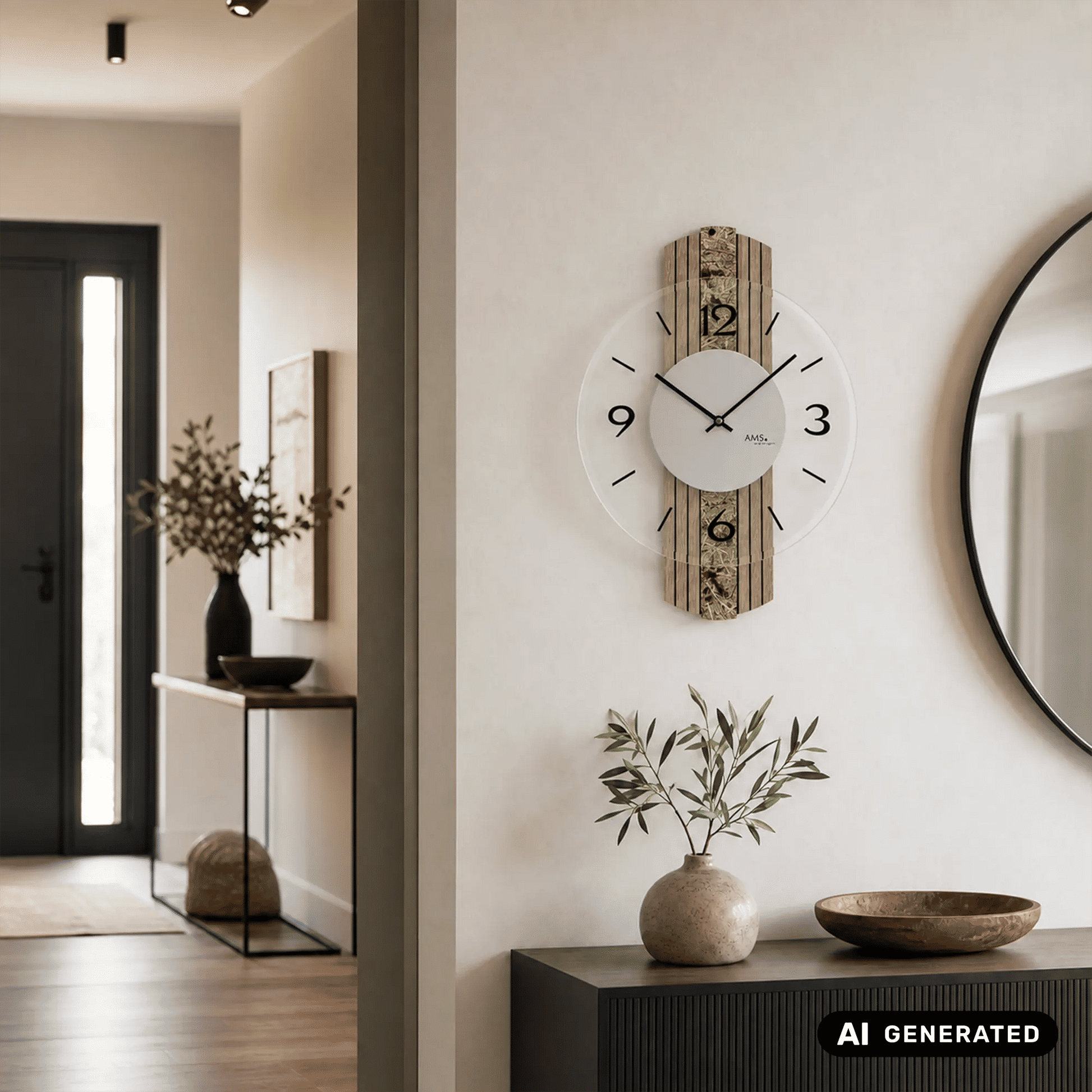 Wanduhr an heller Wand mit rundem weißen Blatt, schwarzen Zeigern und vertikalem Holzpaneel