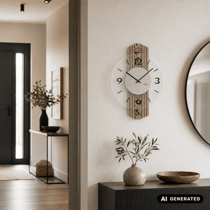 Wanduhr an heller Wand mit rundem weißen Blatt, schwarzen Zeigern und vertikalem Holzpaneel