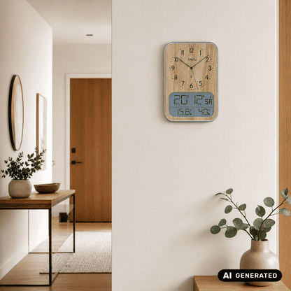 AMS Wanduhr mit Holzgehäuse, analoger Zeitanzeige und digitaler Uhr-/Temperaturanzeige