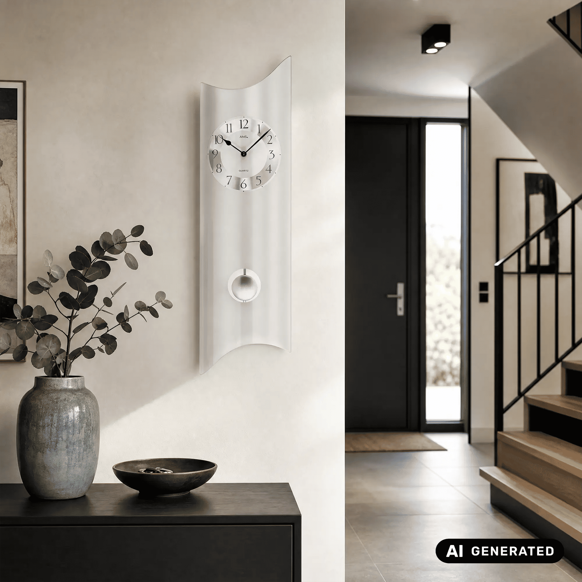 Wanduhr mit geschwungener Front, arabischen Ziffern und rundem Lichtfenster an der Wand