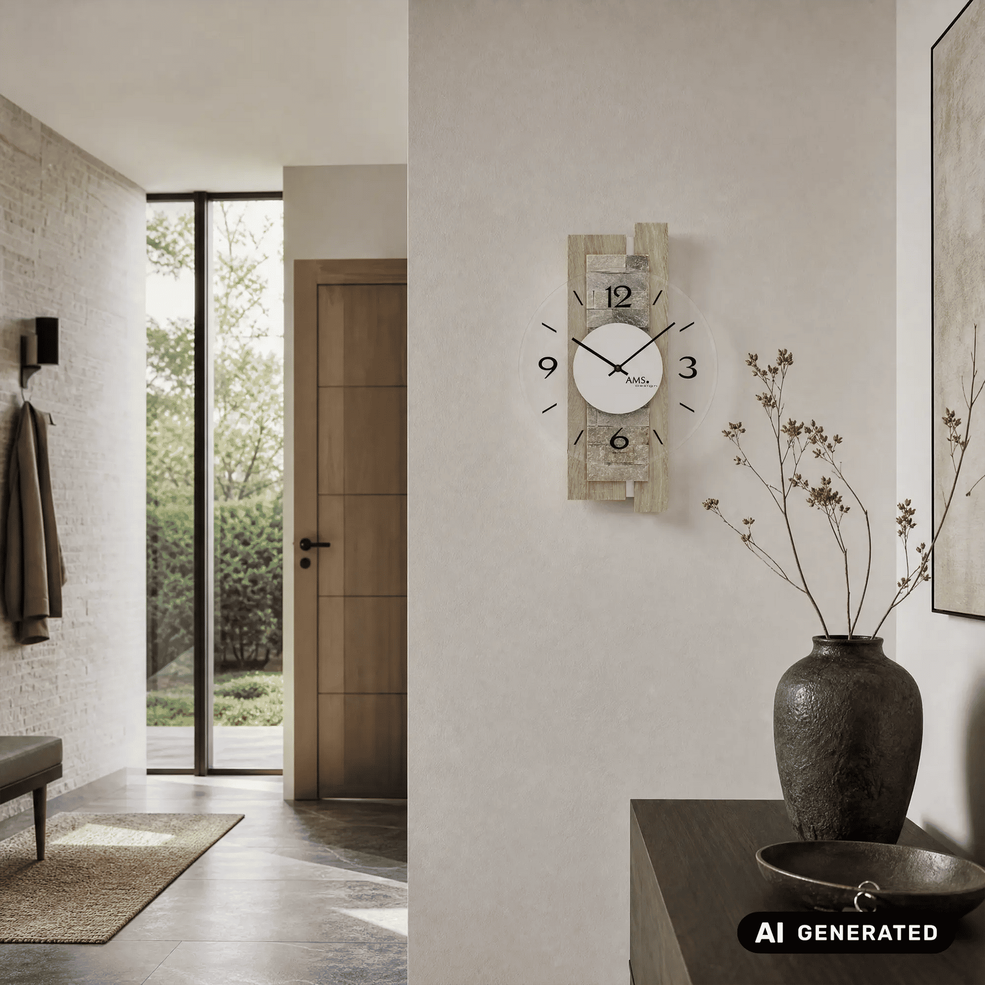 Wanduhr an der Wand mit weißem Ziffernblatt und schwarzen Zahlen, Holz- und Steinapplikation