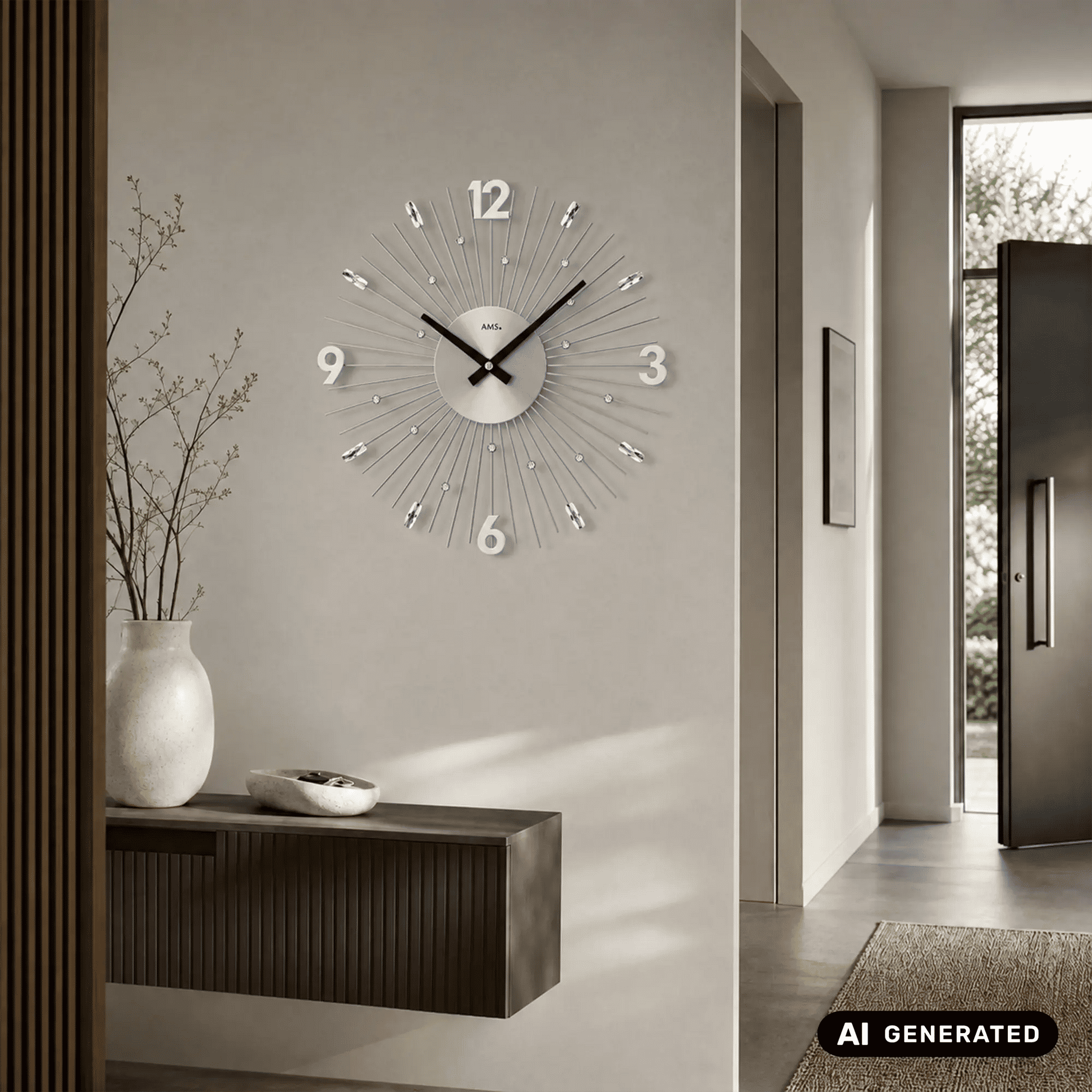 Wanduhr auf grauer Wand, silbernes Zifferblatt mit Metallstäben und schwarzen Zeigern