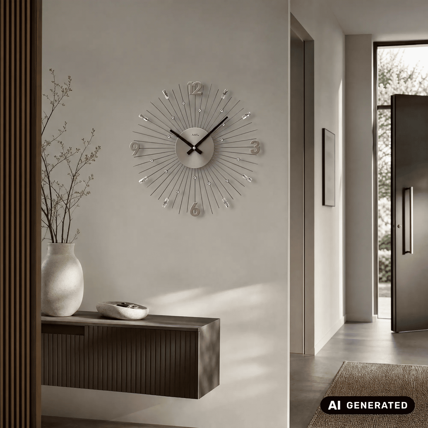 Wanduhr mit anthrazitfarbenem Rundzifferblatt, Metallstäben und schwarzen Zeigern