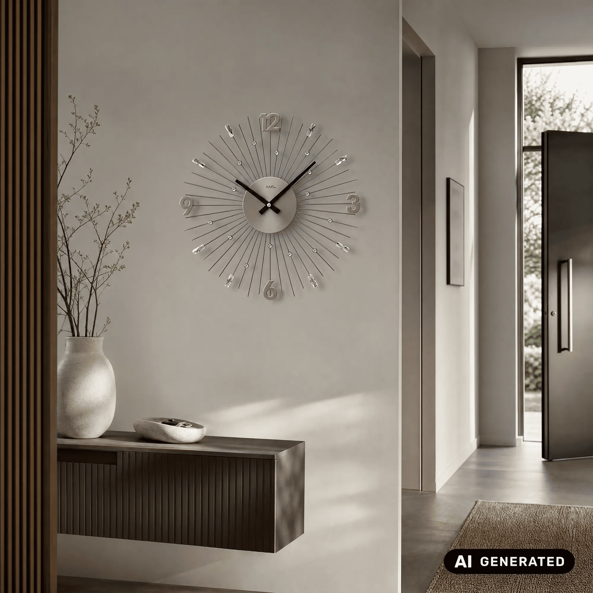 Wanduhr mit anthrazitfarbenem Rundzifferblatt, Metallstäben und schwarzen Zeigern