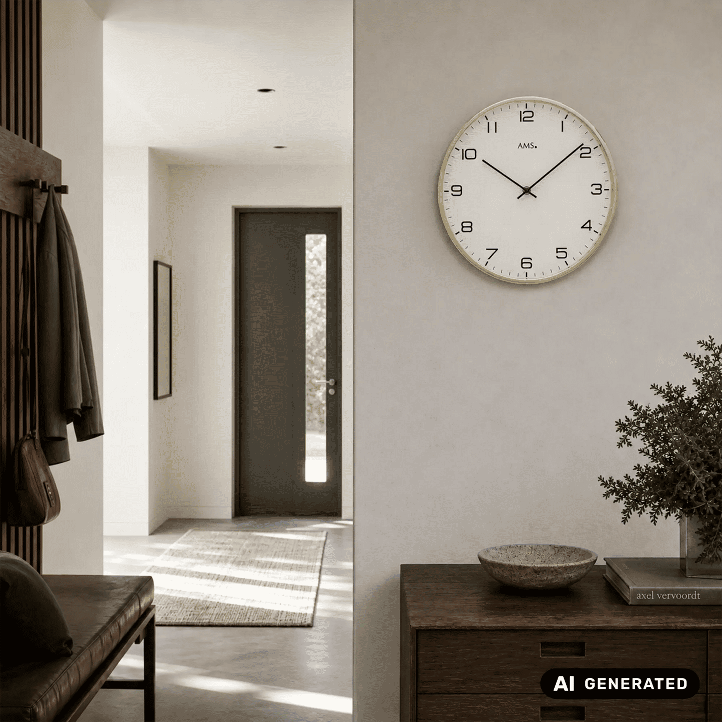 Wanduhr an der Wand mit weißem Zifferblatt, schwarzen Ziffern und goldfarbener Umrandung