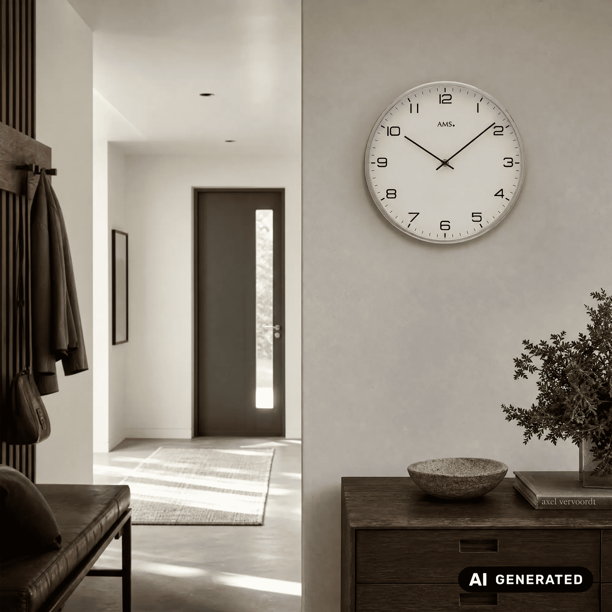 Wanduhr an der Wand mit vernickeltem Gehäuse und weißem Zifferblatt, gut lesbaren Ziffern