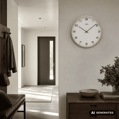 Wanduhr an der Wand mit vernickeltem Gehäuse und weißem Zifferblatt, gut lesbaren Ziffern