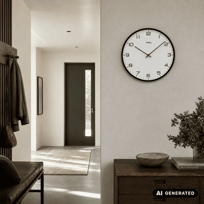 Wanduhr an der Wand mit schwarzem Rand, weißem Zifferblatt, roten Zeigern und AMS.