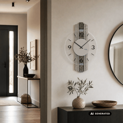 Wanduhr mit grauer Steinstruktur und rundem Zifferblatt, schwarze Stunden- und Minutenzeiger