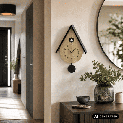 Wanduhr Vogelhaus an der Wand: Holz-Zifferblatt, goldschimmernde Zahlen und rundes Pendel